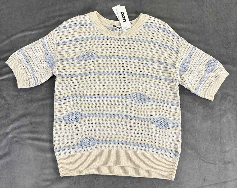 DKNY Women's Round-Neck Short-Sleeve Open-Crochet Sweater Beige/Wht/Blue Small